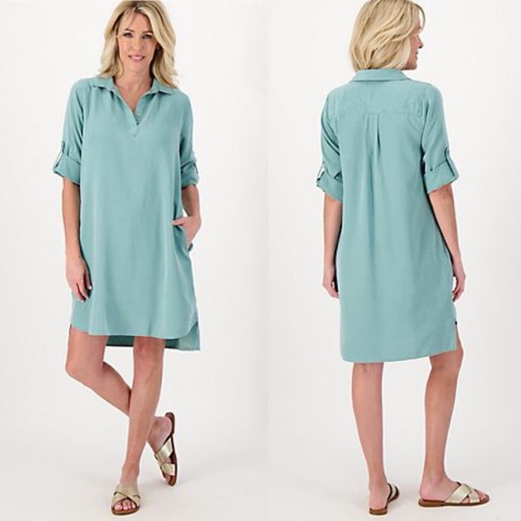 Side Stitch Long Sleeve A-Line Shirt Dress in Jade stone. V-neck with collar - Picture 1 of 9